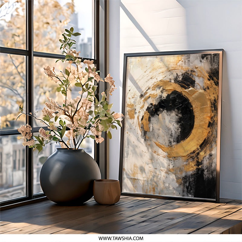 Abstract Gold Wall Art, Modern Art Print, Black and Gold Decor, Circle Painting, Contemporary Wall Decor, Abstract Home Decor - Tawshia
