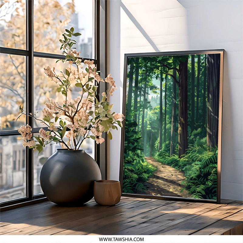 Forest Wall Art, Path Through Woods Print, Green Nature Art, Forest Landscape, Serene Scenery, Peaceful Forest Decor, Trees Art, Wall Decor - Tawshia