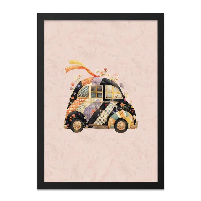 Floral Patchwork Car Framed Wall Art, Quirky Automotive Decor, Unique Car Lover Gift, Stylish Framed Prints, Trendy Wall Hanging - Tawshia