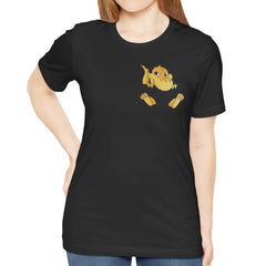Playful Yellow Cartoon Character on Black T-Shirt product type