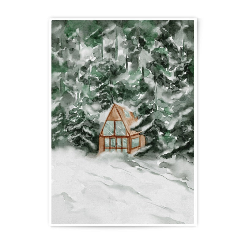 Winter Cabin Photographic Print, Snowy Landscape Art, A Frame House, Watercolor Illustration, Holiday Decor, Cozy Home Art - Tawshia
