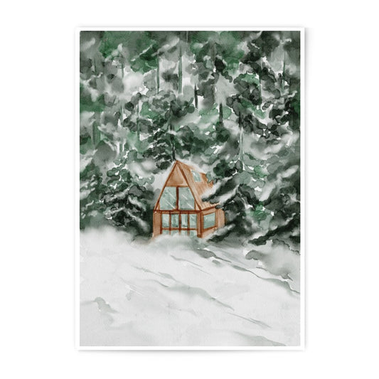 Winter Cabin Photographic Print, Snowy Landscape Art, A Frame House, Watercolor Illustration, Holiday Decor, Cozy Home Art - Tawshia