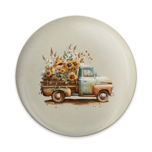 Truck with Sunflowers Pinback Button, Rustic Fall Badge, Autumn Flowers Decor, Vintage Vehicle Art, Floral Truck Accessory, Cute Button - Tawshia