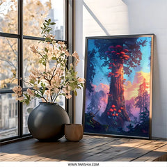 Enchanted Forest Wall Art, Mushroom Tree Print, Fantasy Landscape Decor, Whimsical Artwork, Unique Home Decor - Tawshia