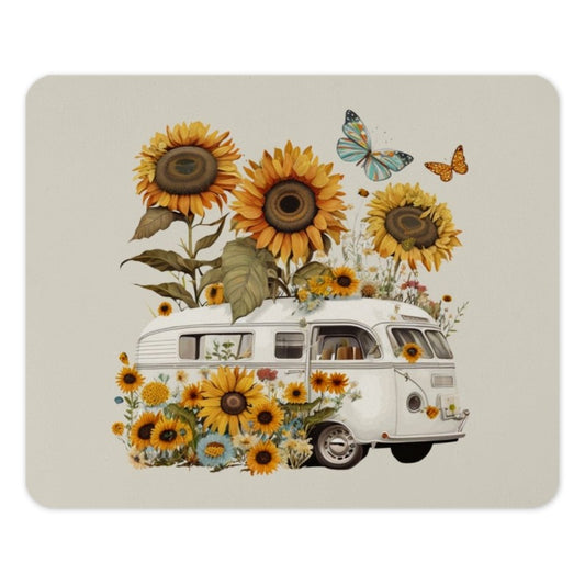 Sunflower VW Bus Mouse Pad, Floral Camper Van Desk Decor, Butterflies Boho Office Gift, Hippie Van Computer Accessory, Desk Mat - Tawshia