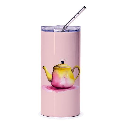 Watercolor Teapot Tumbler, Tea Lover Gift, Pink Tumbler, Unique Tumbler, Gift for Her, Cute Travel Mug, Beverage Container, Kitchen Decor - Tawshia
