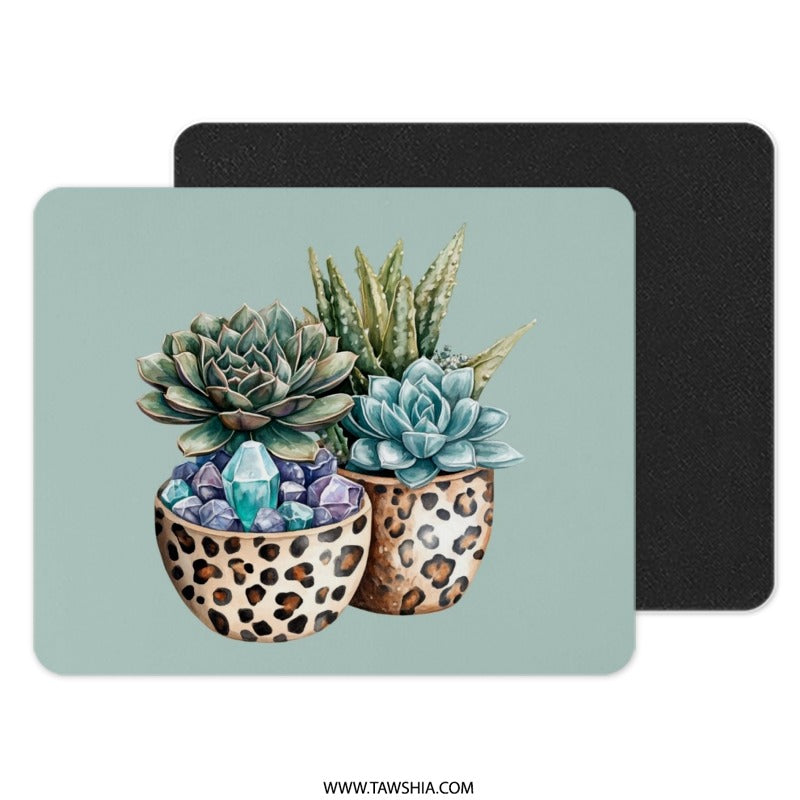 Succulent Mouse Pad, Crystal Mousepad, Leopard Print Potted Plant Decor, Home Office Desk Accessories, Cute Desk Mat - Tawshia