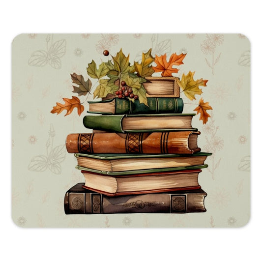 Stacked Books MousePad, Autumn Leaves Design Mouse Pad, Fall Season Mousepad, Cozy Study Desk Decor, Book Lover Gift, Teacher Appreciation - Tawshia