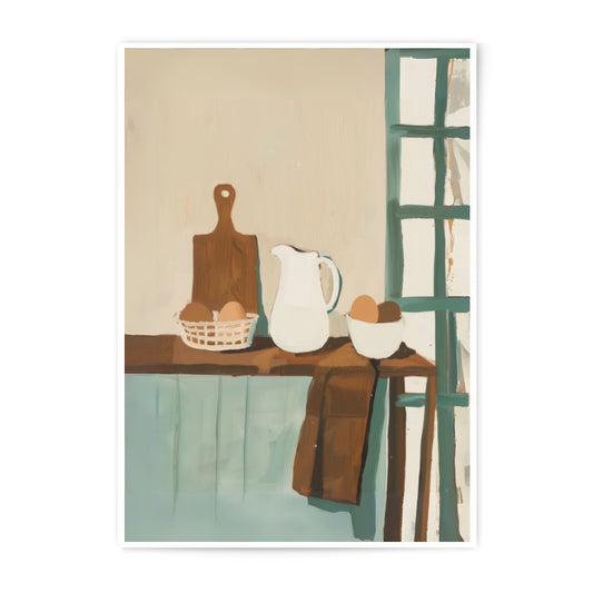 Kitchen Still Life Photographic Print, Eggs, Jug, Cutting Board, Rustic Home Decor, Window Light, Cozy Kitchen Art, Wall Art Prints - Tawshia