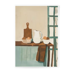 Kitchen Still Life Photographic Print, Eggs, Jug, Cutting Board, Rustic Home Decor, Window Light, Cozy Kitchen Art, Wall Art Prints - Tawshia