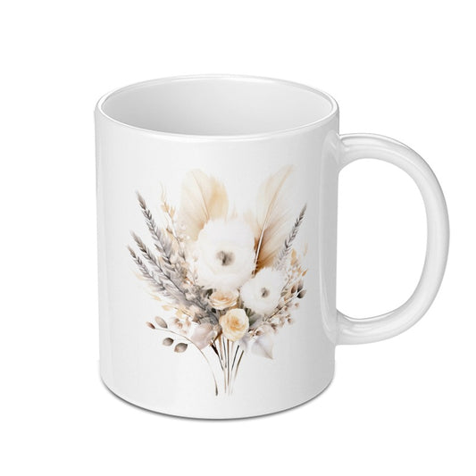 Floral Bouquet Mug, Bohemian Feather Mug, Coffee Mug Gift, Boho Chic Decor, Unique Mug, Stylish Mug, Birthday Gift, Housewarming Gift - Tawshia