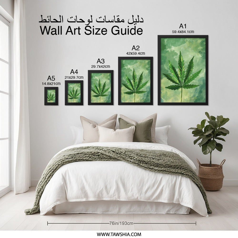 Watercolor Cannabis Leaf Wall Art, Green Plant Print, Botanical Home Decor, Modern Weed Art, Marijuana Poster, Legalization Art - Tawshia