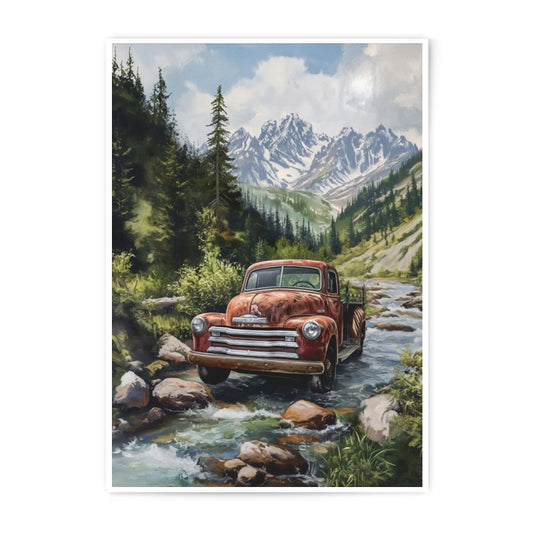 Vintage Truck Photographic Print, Mountain Landscape Art, Rustic Red Truck in River, Nature Wall Decor, Cabin Art, Man Cave Art, Gift Idea - Tawshia