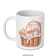 Picnic Mug, Watercolor Basket Mug, Heart Mug, Valentine's Mug, Cute Mug, Unique Mug, Gift Mug, Birthday Mug, Coffee Mug, Tea Mug - Tawshia