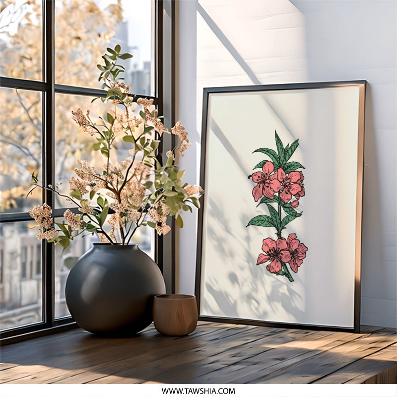 Peach Blossom Wall Art, Floral Illustration, Botanical Print, Flower Wall Decor, Pink Flowers, Spring Art, Home Decor - Tawshia