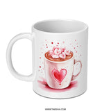Hot Chocolate Mug, Heart Mug, Valentines Gift, Coffee Cup, Cocoa Cup, Watercolor Design, Heart Marshmallows, Valentines Mug - Tawshia