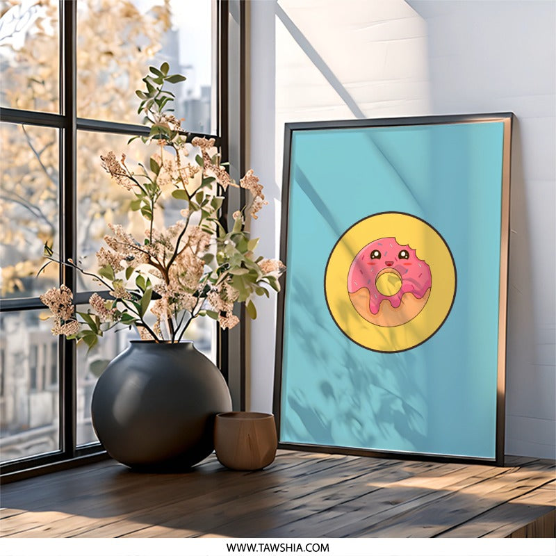 Cute Donut Wall Art, Kawaii Food Print, Pink Donut Decor, Funny Kitchen Art, Sweet Treat Poster, Kid Room Wall Art - Tawshia