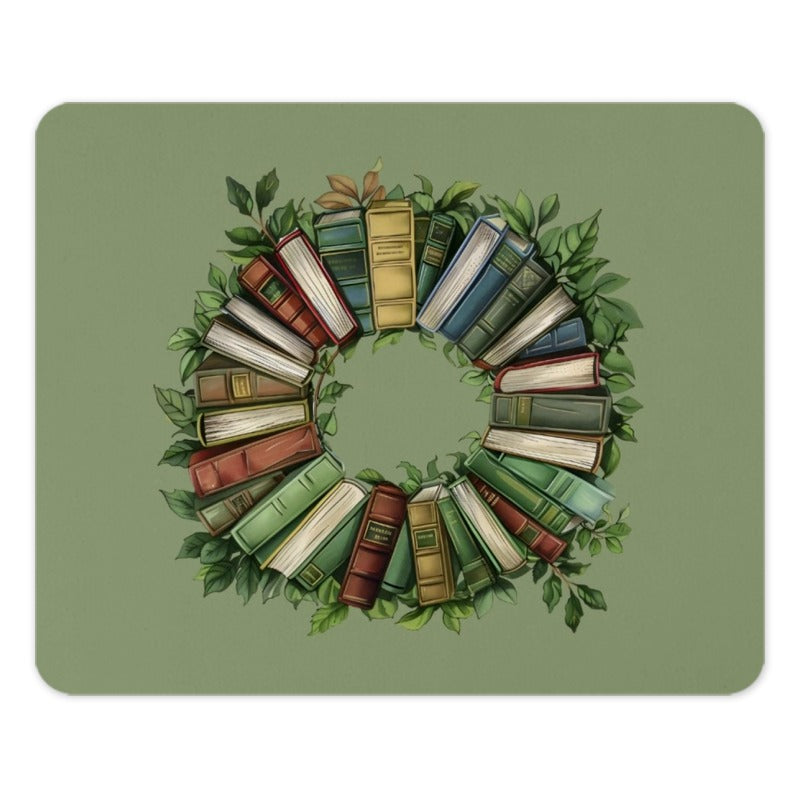 Book Wreath Mouse Pad, Reader Gift, Library Decor, Writer Desk Accessory, Book Lover Gift, Librarian Present, Books and Leaves Design - Tawshia
