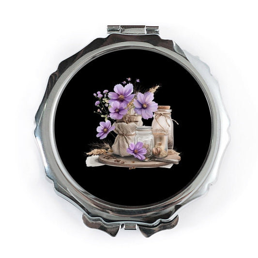 Purple Flowers Pocket Mirror, Still Life Art, Rustic Jars and Wheat, Compact Mirror, Floral Design, Everyday Carry Mirror - Tawshia