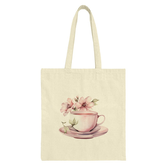 Floral Tea Cup Tote Bag, Watercolor Flower Design, Tea Lover Gift, Cute Shopping Bag, Everyday Tote, Trendy Bag, Unique Tote Bag, Art Print - Tawshia