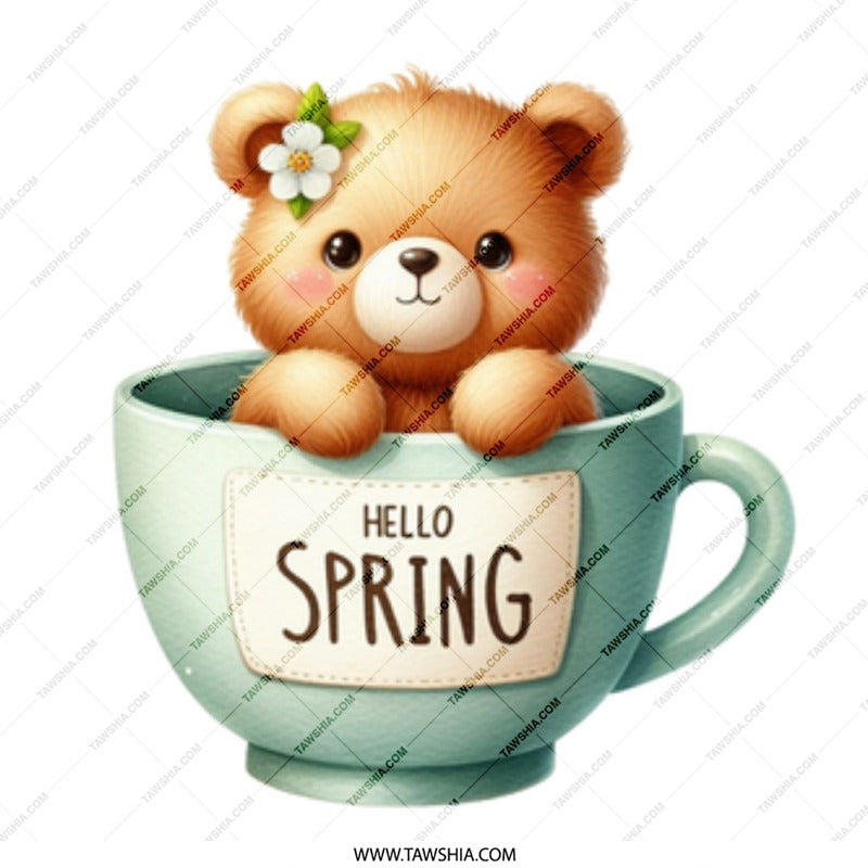 Hello Spring Bear Mug, Cute Bear Mug, Floral Bear Mug, Spring Mug, Tea Cup Bear, Animal Mug, Gift Mug, Coffee Mug, Kawaii Mug - Tawshia