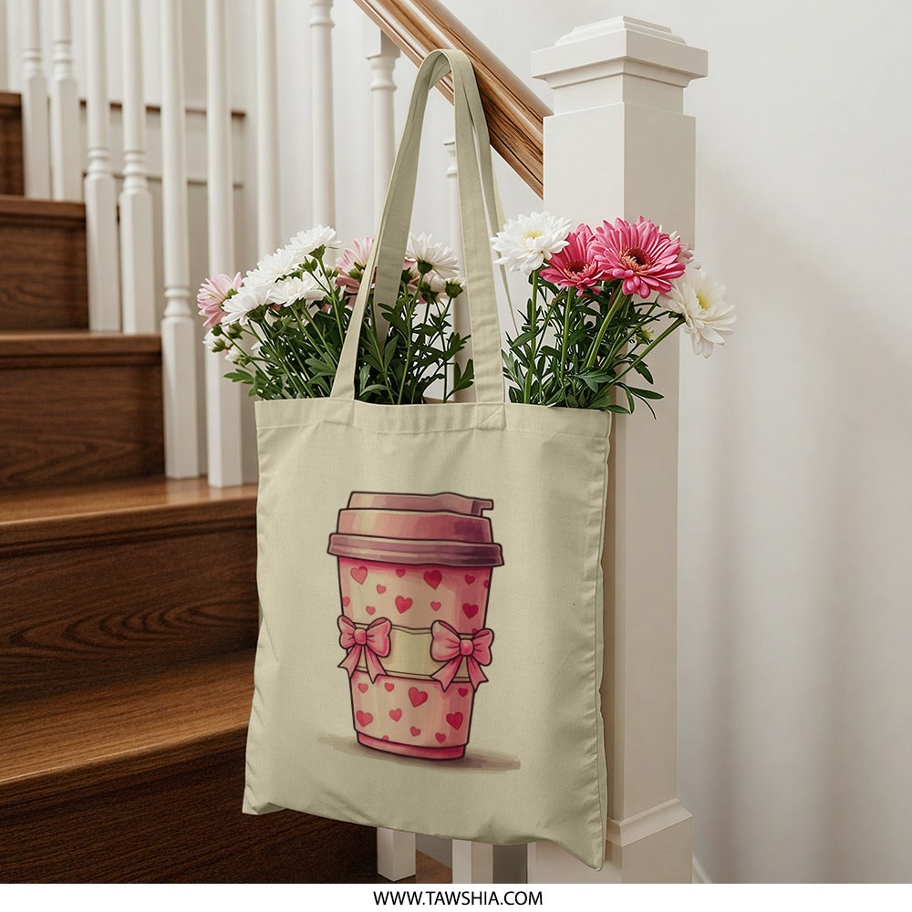 Heart Coffee Tote Bag, Valentines Day Gift, Pink Bows Bag, Cute Coffee Design, Valentine Tote, Kawaii Bag, Everyday Bag, Shopper Bag - Tawshia