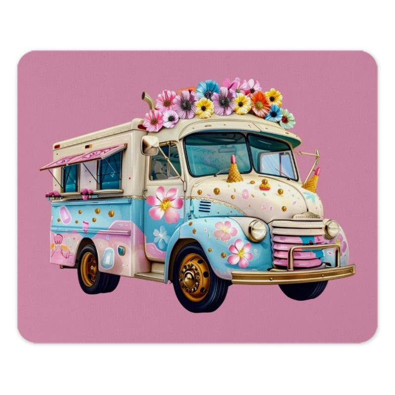 Floral Ice Cream Truck Mouse Pad, Cute Pink Flower Art, Whimsical Desk Decor, Unique Gift, Office Accessories - Tawshia
