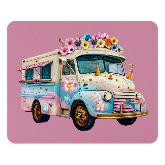 Floral Ice Cream Truck Mouse Pad, Cute Pink Flower Art, Whimsical Desk Decor, Unique Gift, Office Accessories - Tawshia