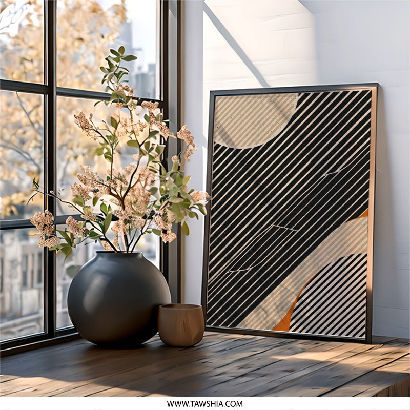 Modern Abstract Wall Art, Geometric Print, Diagonal Lines Art, Beige and Black Decor, Contemporary Wall Decor, Living Room Art - Tawshia