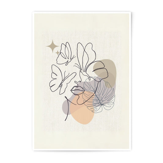 Woman Face Photographic Print, Minimalist Line Art, Butterfly and Leaf Decor, Modern Wall Art, Fine Art Print, Home Decor - Tawshia