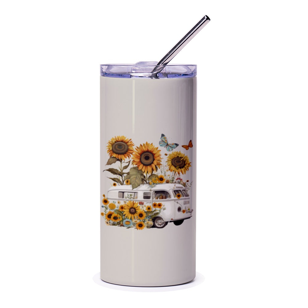 Sunflower Tumbler, VW Bus Art Tumbler, Boho Tumbler, Hippie Van Tumbler, Floral Tumbler, Butterfly Tumbler, Gift For Her, Van Lover Gift - Tawshia