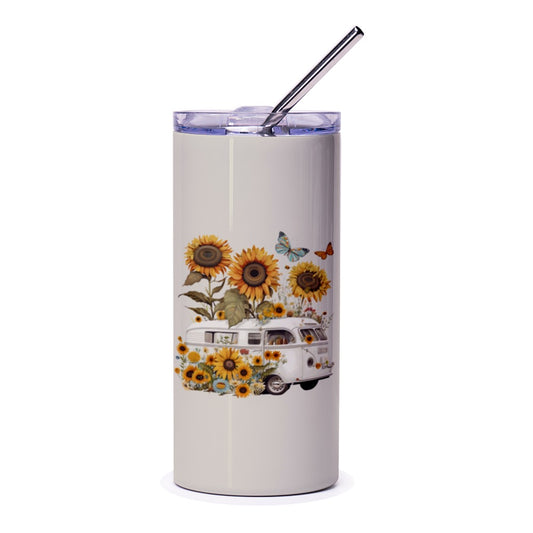 Sunflower Tumbler, VW Bus Art Tumbler, Boho Tumbler, Hippie Van Tumbler, Floral Tumbler, Butterfly Tumbler, Gift For Her, Van Lover Gift - Tawshia