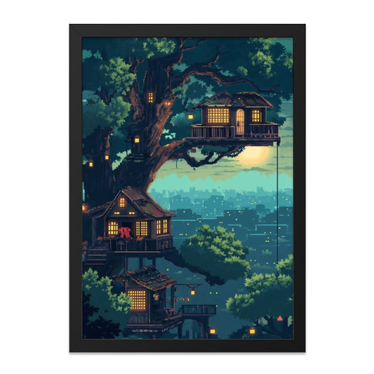 Pixel Art Wall Art, Treehouse Print, Cityscape Poster, Whimsical Home Decor, Cozy Wall Hanging, Unique Pixelated Art, Digital Art Print - Tawshia