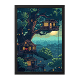 Pixel Art Wall Art, Treehouse Print, Cityscape Poster, Whimsical Home Decor, Cozy Wall Hanging, Unique Pixelated Art, Digital Art Print - Tawshia