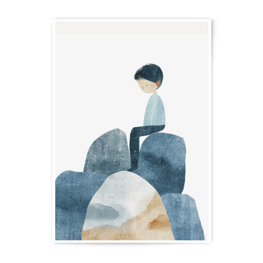 Boy on Rocks Photographic Print, Minimalist Art Print, Nursery Art, Childrens Room Decor, Boy Illustration, Modern Art, Wall Art Decor - Tawshia