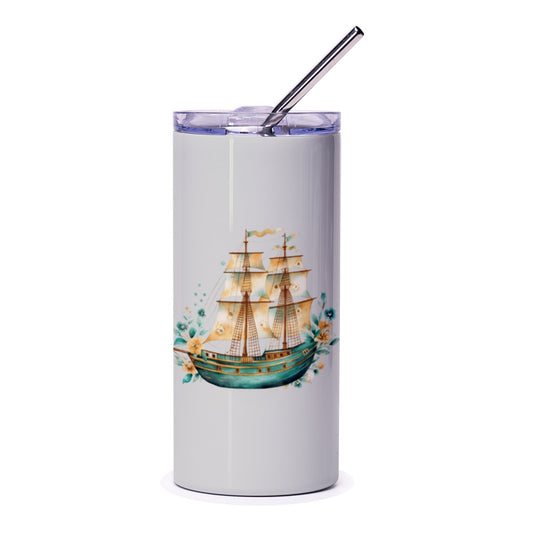 Sailing Ship Tumbler, Nautical Vessel Gift, Floral Pirate Ship Tumbler, Ocean Lover Present, Water Bottle, Travel Mug, Unique Present - Tawshia