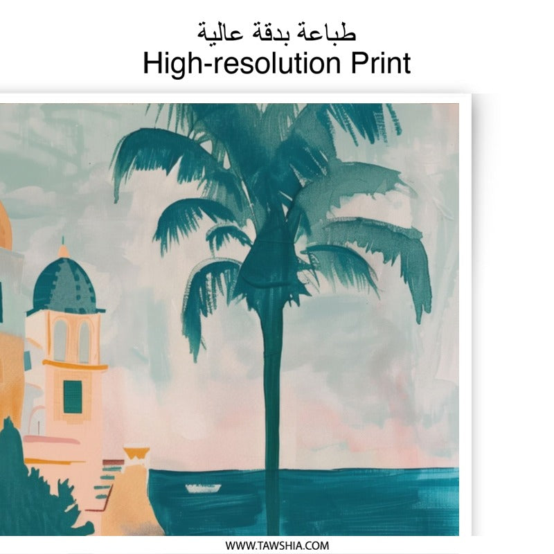 Coastal Photographic Print, Tropical Palm Tree Art, Seaside Town Print, Ocean View Photography, Italy Inspired Wall Art, Home Decor - Tawshia