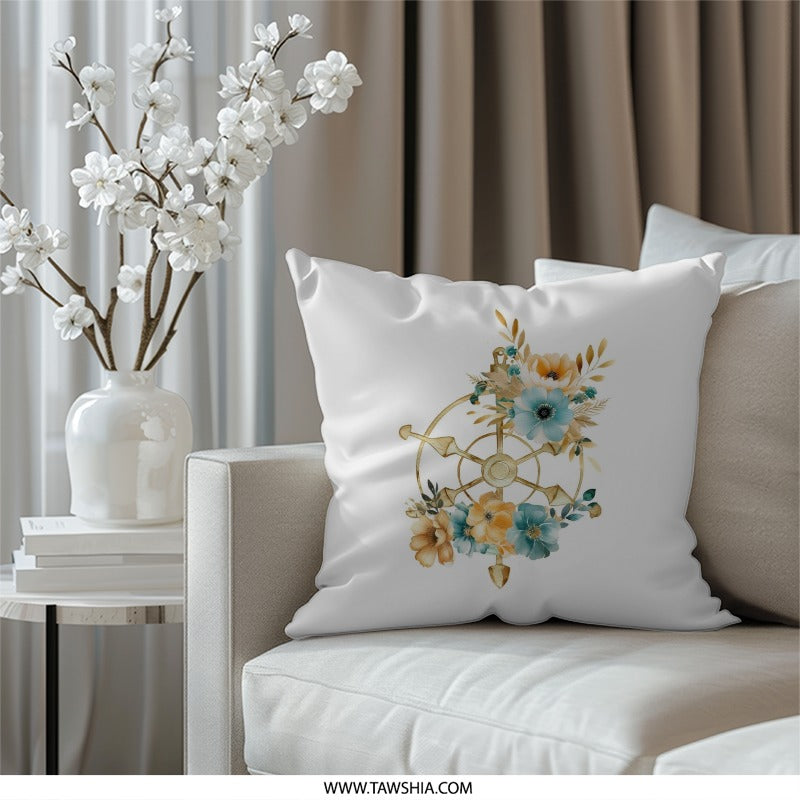Floral Ship Wheel Pillow, Nautical Decor, Elegant Flower Accent Pillow, Coastal Home Throw Pillow, Decorative Pillows, Beach House Decor - Tawshia