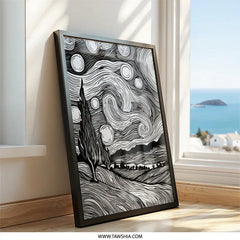 Starry Night Wall Art, Black and White Landscape Print, Celestial Artwork, Modern Home Decor, Dreamy Art Print, Gallery Wall - Tawshia