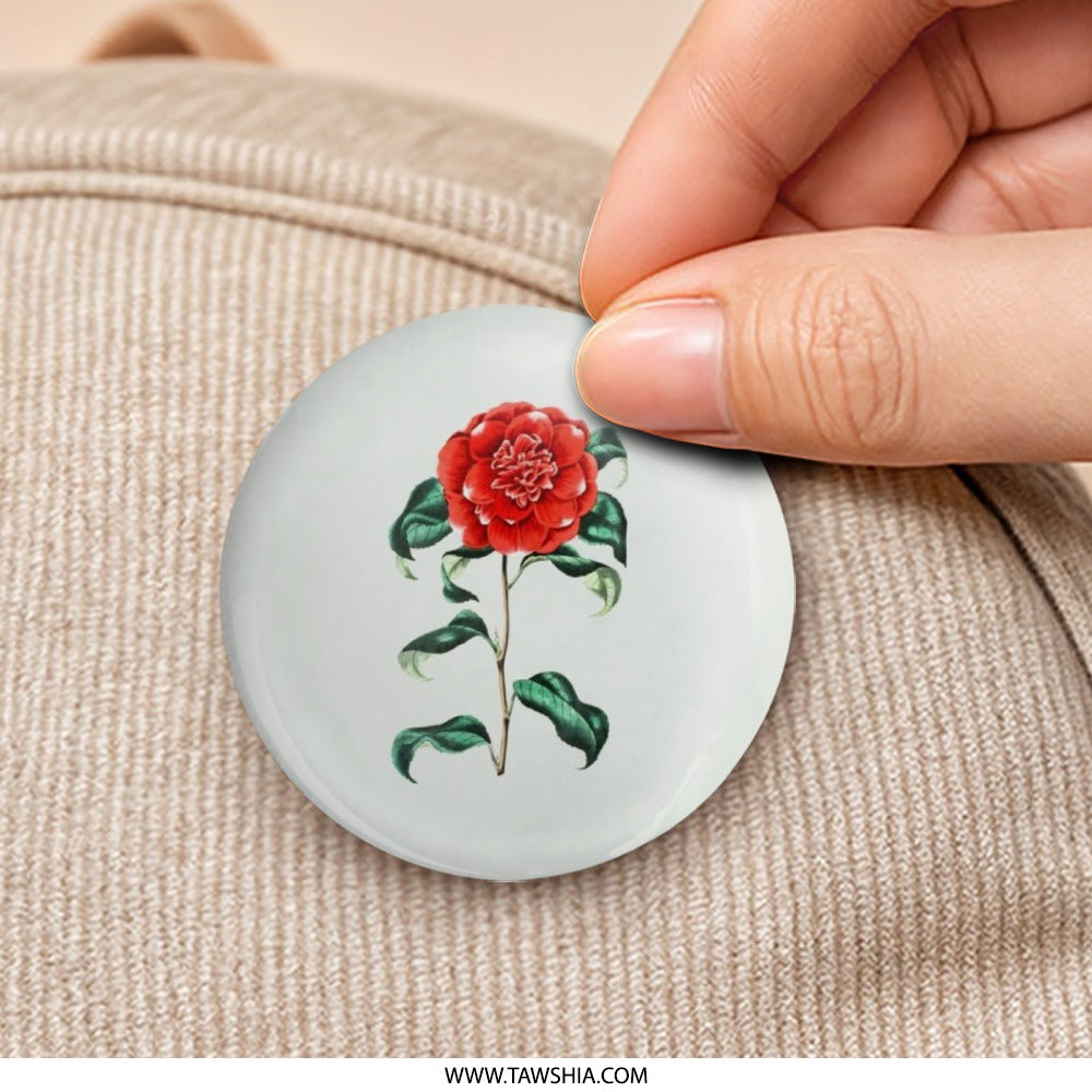 Red Camellia Flower Pinback Button, Floral Botanical Button, Nature Inspired, Garden Lover Gift, Artistic Pin Badge, Unique Button - Tawshia