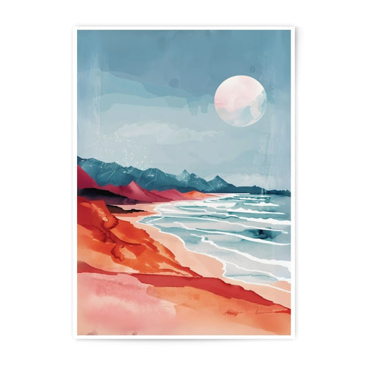 Coastal Photographic Print, Beach Wall Decor, Mountain Seascape Art, Full Moon Ocean Painting, Modern Landscape Photo, Home Decor - Tawshia
