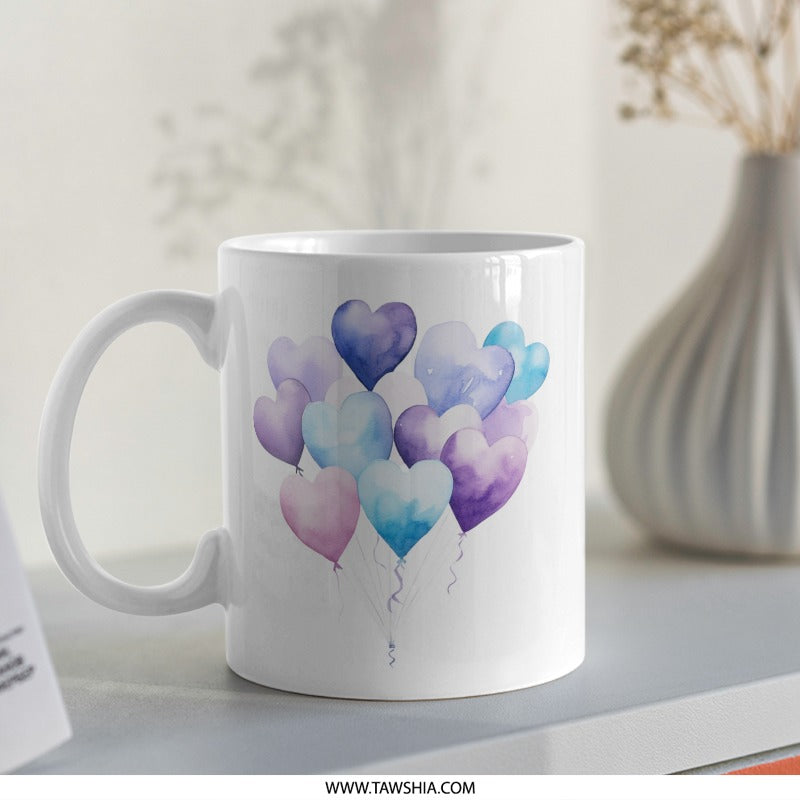 Heart Balloons Mug, Watercolor Heart Art, Unique Coffee Mug, Love Gift Idea, Valentine's Day Gift, Cute Mug SKU: MG10004214 - Tawshia