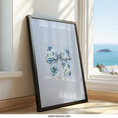 Blue Floral Bow Wall Art, Cute Flower Ribbon Print, Elegant Botanical Decor, Unique Wall Hanging, Gift Idea, Modern Art Print - Tawshia
