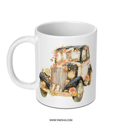 Vintage Car Mug, Floral Antique Automobile, Retro Vehicle Coffee Cup, Unique Car Lover Gift, Flower Adorned Classic Car Mug - Tawshia