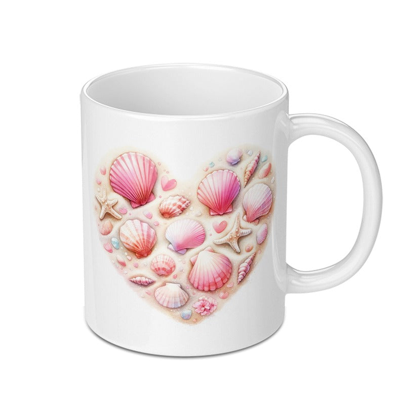 Seashell Heart Mug, Beach Lover Gift, Coastal Decor, Ocean Theme Mug, Pink Seashells Coffee Mug - Tawshia
