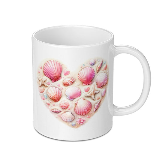 Seashell Heart Mug, Beach Lover Gift, Coastal Decor, Ocean Theme Mug, Pink Seashells Coffee Mug - Tawshia
