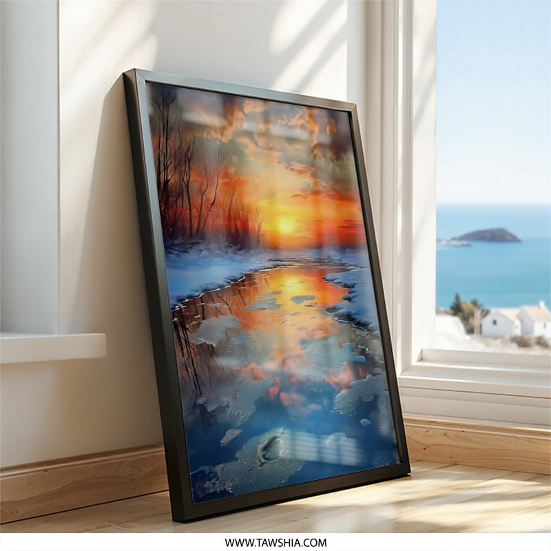 Winter Sunset River Wall Art, Icy Reflection Landscape Print, Nature Home Decor, Peaceful Scenery Artwork, Bright Sky Wall Hanging - Tawshia