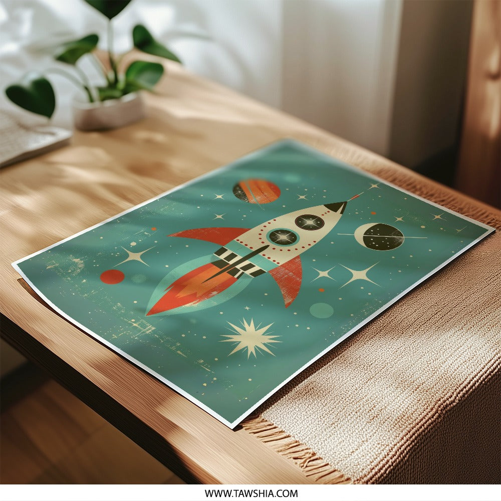 Retro Rocket Photographic Print, Space Art Print, Mid Century Modern Art, Retro Space Poster, Rocket Illustration, Outer Space Print - Tawshia