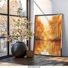 Autumn Lake Wall Art, Watercolor Trees Reflection, Fall Season Print, Birds in Flight, Nature Scenery Painting, Warm Tones Landscape - Tawshia