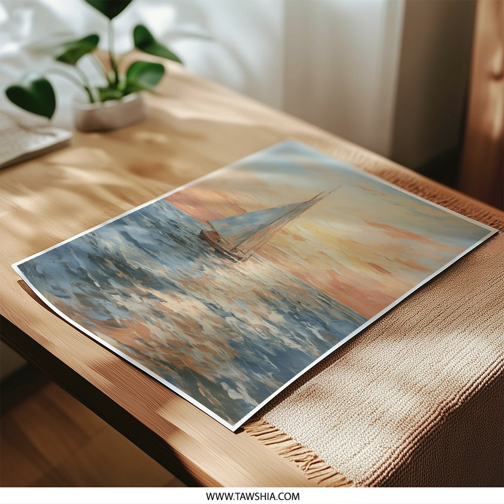 Sailing Boat Photographic Print, Ocean Art, Sunset Seascape, Coastal Decor, Nautical Wall Art, Yacht Painting, Sea Scenery - Tawshia